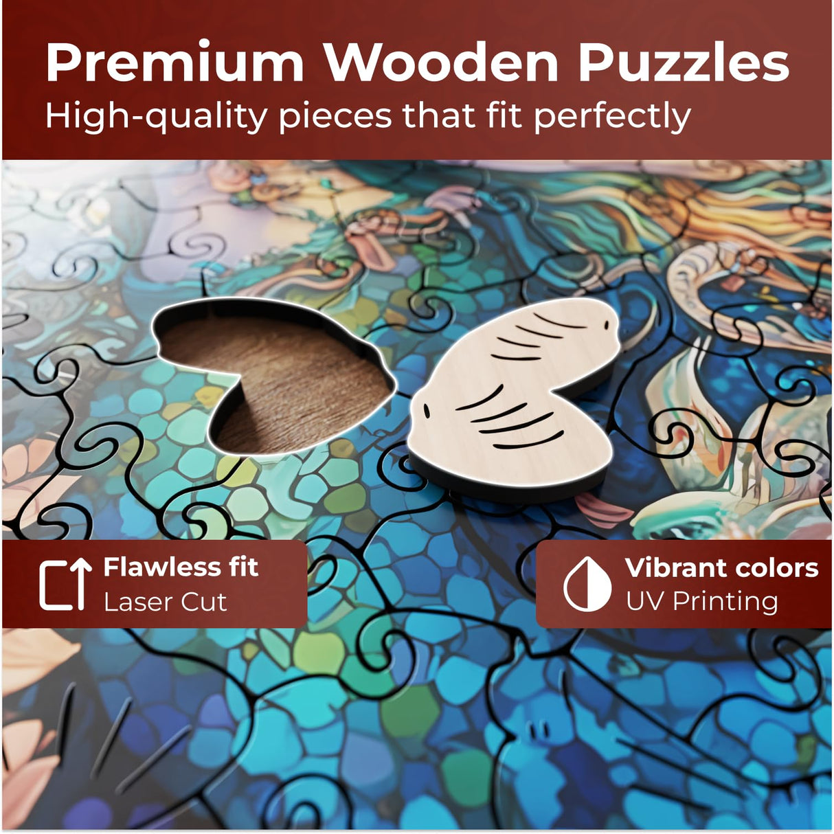 Crafthub Mystical Creatures Wooden Puzzles for Adults – A3 Dreamy Mermaid with 127 Pieces Wood Puzzles – Jigsaw Puzzles with Unique Animal Shapes – 10.9"x10.9" CRAFTHUB
