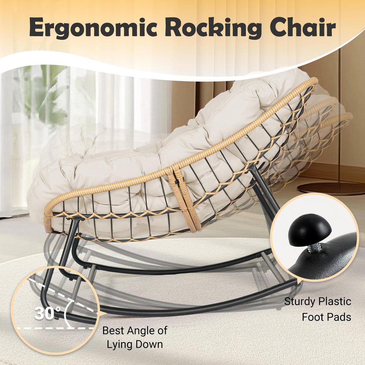 PROHIKER Outdoor Papasan Rocking Chair, Indoor Egg Rocking Chair with Thick Cushion, Oversized Wicker Rattan Patio Lounge Chairs for Backyard, Balcony, Living Room(Beige) PROHIKER