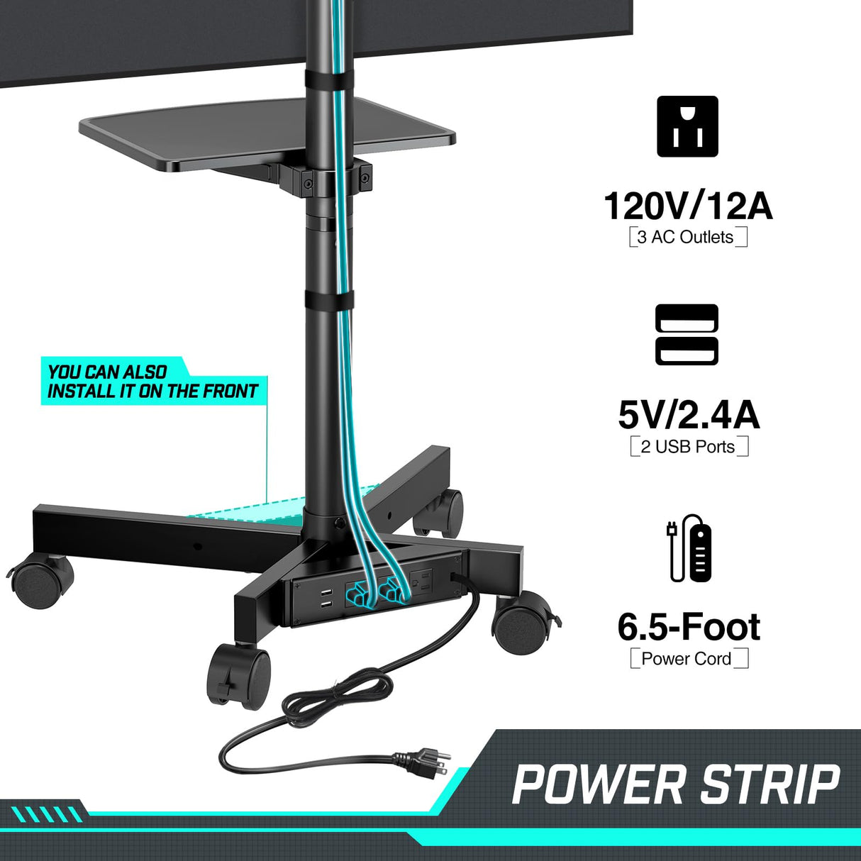 GREENSTELL TV Stand with Power Outlet, Mobile TV Cart on Wheels for 23-60 inch LED LCD Flat Curved Panel Screen TVs, up to 88 lbs, Height Adjustable Rolling TV Stand with AV Shelf, Max VESA 400x400mm GREENSTELL
