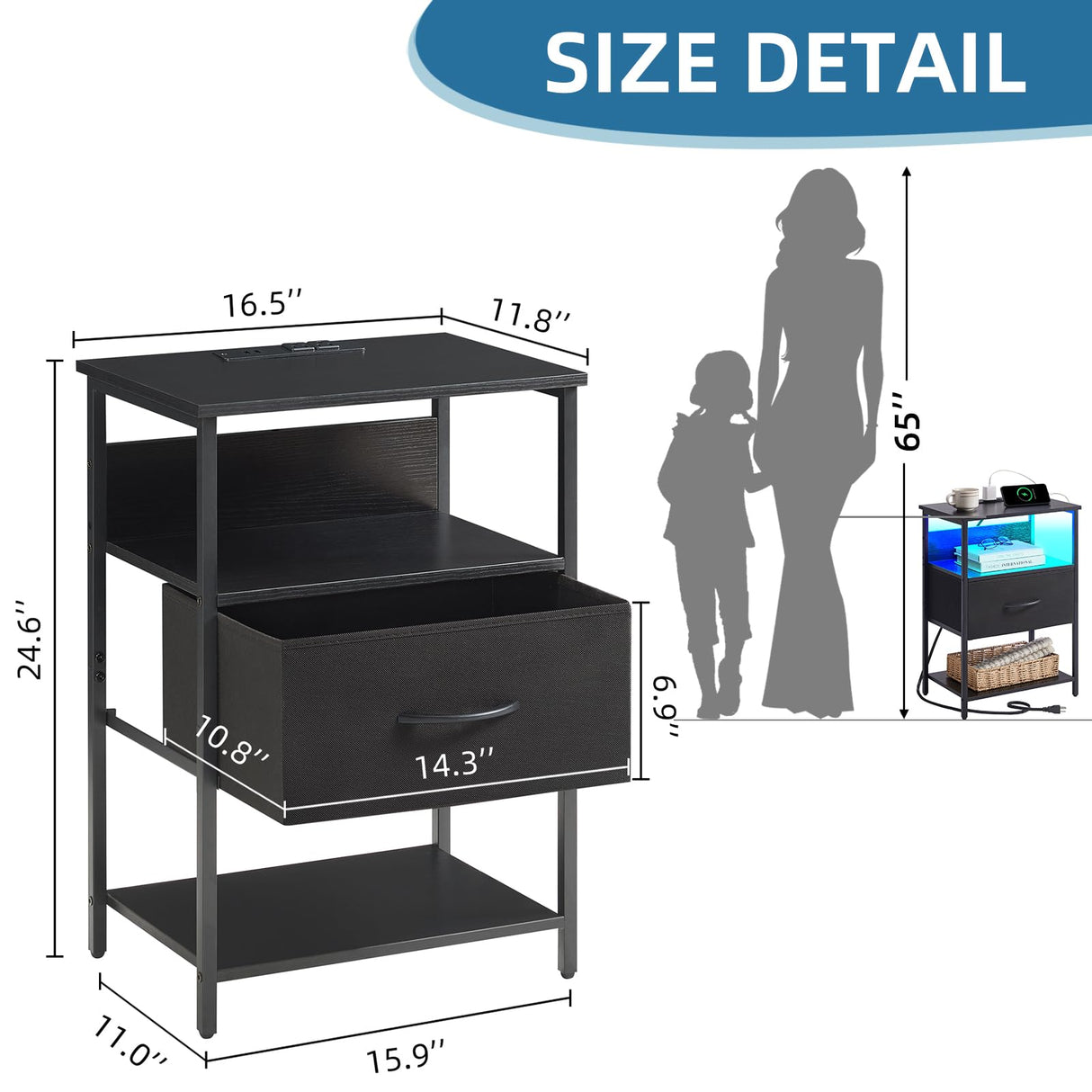 Somdot Black Nightstand with Charging Station and LED Light for Bedroom, Bedside Table End Table for Dorm Guest Room Bedside Kids Laundry Closet Entryway Hallway, Black Somdot