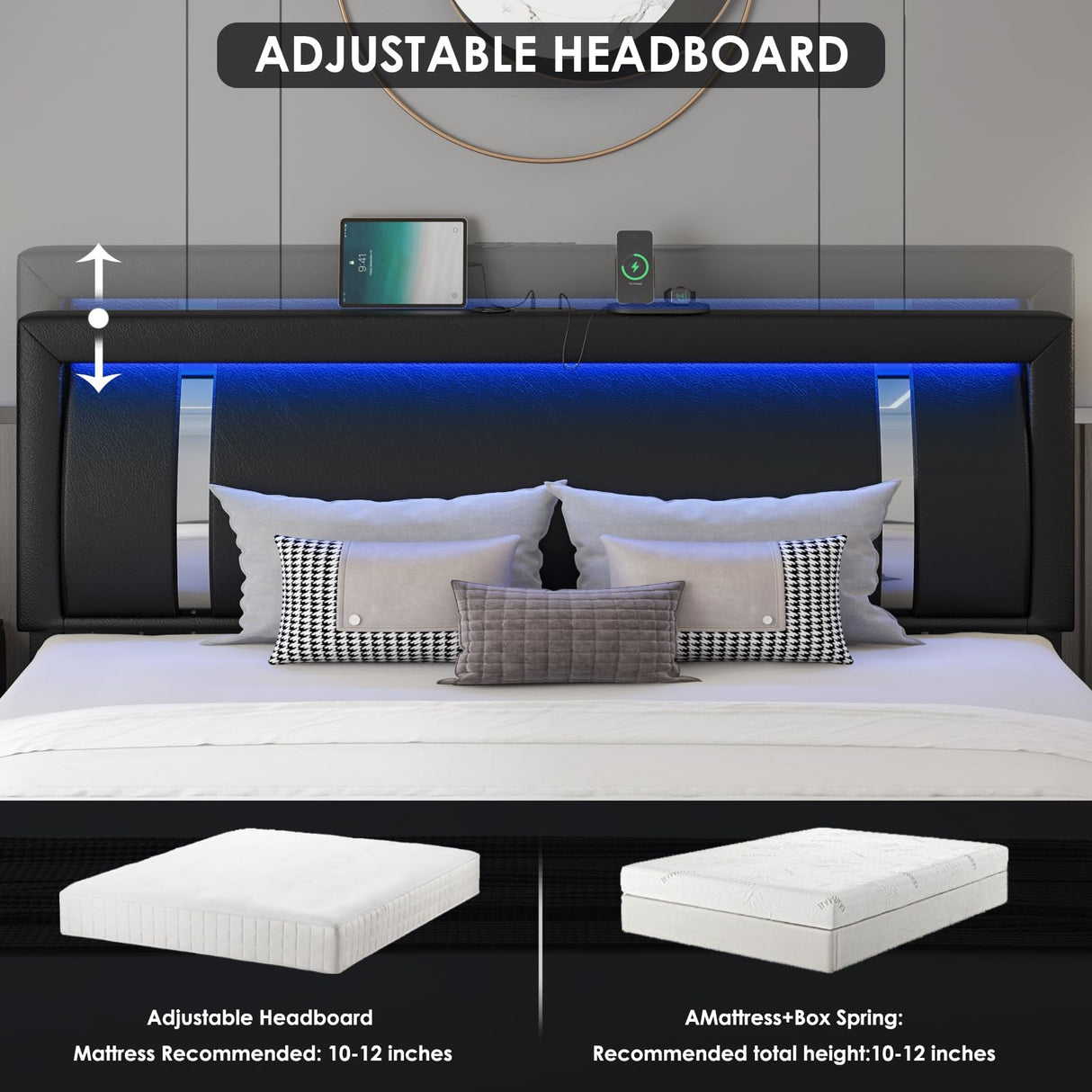 Keyluv Modern Black Queen Bed Frame with RGB LED Headboard, 2 Storage Drawers, and USB Ports Keyluv
