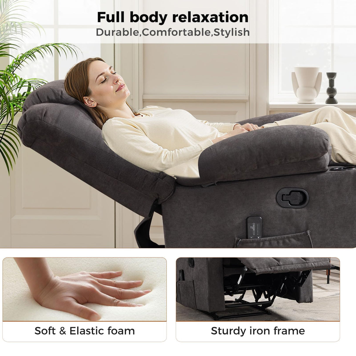 HAOMARKETS Classic Manual Recliner Set of 2 with Massage and Heat for Adults, Breathable Fabric Recliners with Two Cup Holders, Overstuffed Heavy Duty Reclining for Living Room, Grey HAOMARKETS