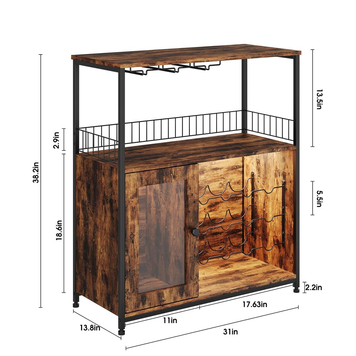 ZERDER Wine Bar Cabinet with LED Light, Home Coffee Cabinet with Wine Rack and Glass Holder, Bar Cabinet with Storage Shelf and Cabinet, Freestanding Liquor Cabinet for Living Room, Dining Room ZERDER