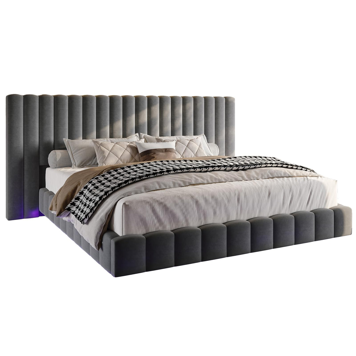 Jocisland King Bed Frame with LED Lights and Upholstered Oversized Headboard, Modern Velvet Platform with Floating Design, No Box Spring Needed, Grey Jocisland