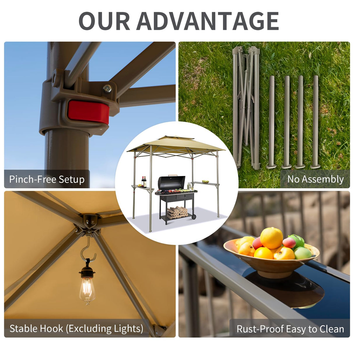 CROWN SHADES 8 x 5 Foot BBQ Grill Gazebo Beach Tent Canopy, Easy Up Outdoor Patio Shade Cover with Double Tier Vented Top & 2 Side Shelves, Grey CROWN SHADES