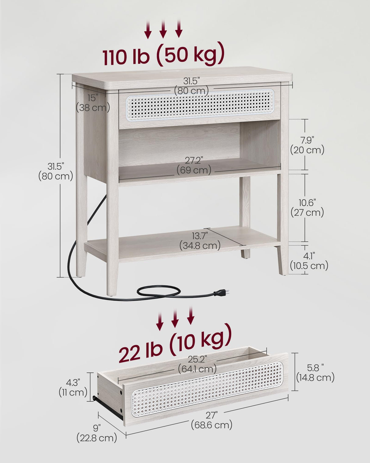 VASAGLE Console Table with Power Outlets, Entryway Table with Storage Shelf, Sofa Table with Drawer, Open Compartment, Rounded Corners, for Living Room, Boho Style, Oatmeal Beige ULNT140K66 VASAGLE