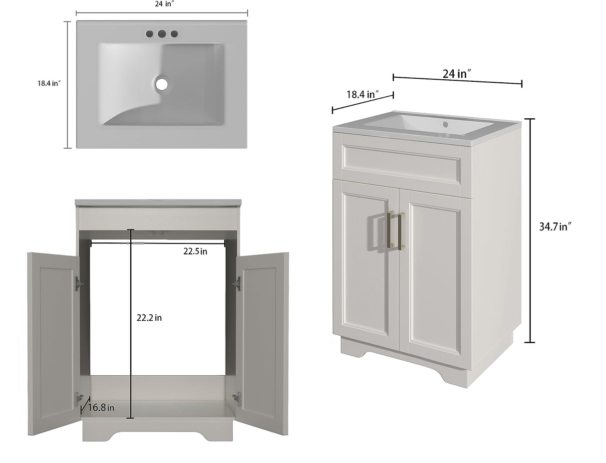 OLD CAPTAIN Bathroom Vanity with Ceramic Sink, Wooden Double Door Bathroom Storage Vanity with 24 Inch, Milky White Finish OLD CAPTAIN