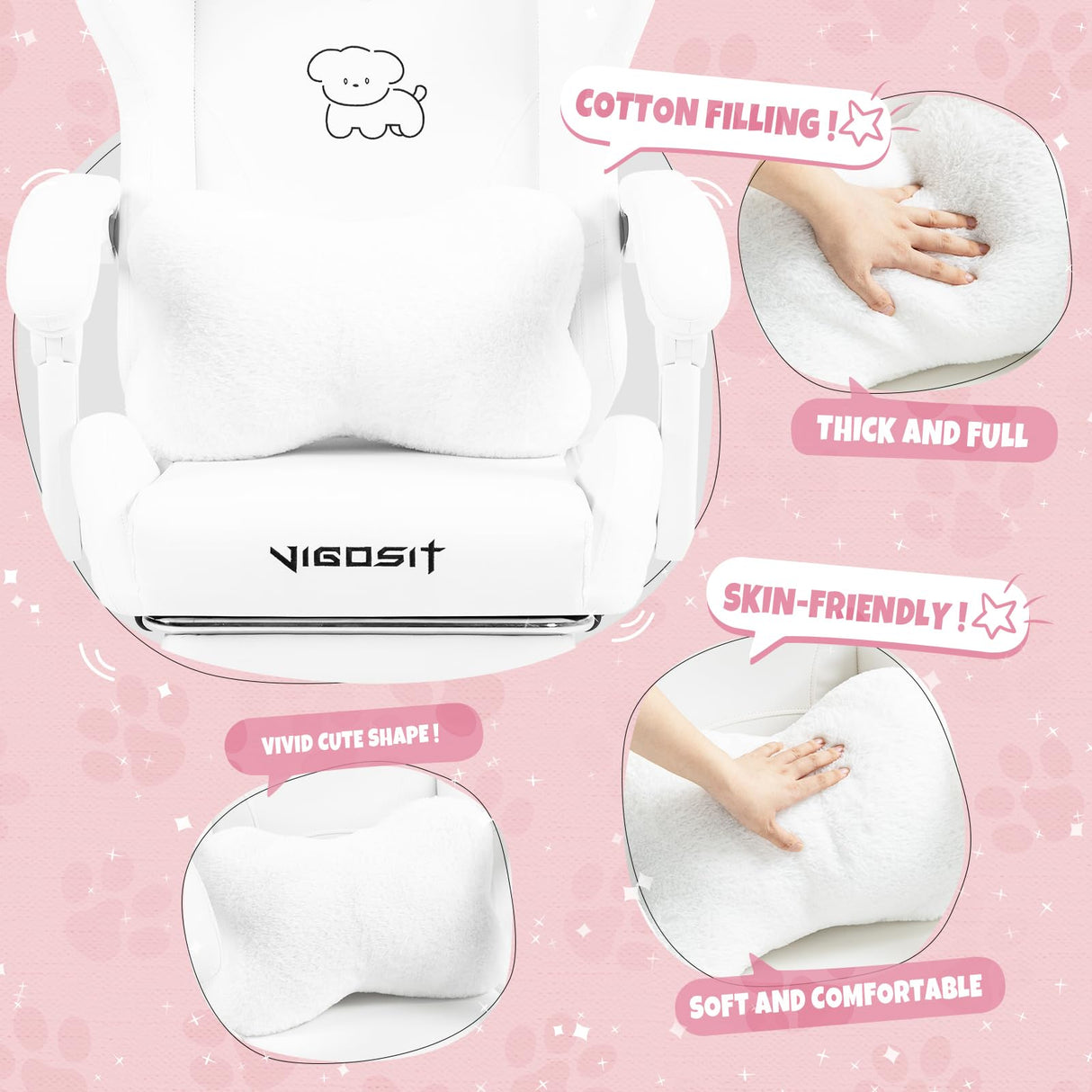 Vigosit Cute Gaming Chair with Lumbar Cushion and Decorated Ears, Ergonomic Computer Chair with Footrest, Reclining PC Game Chair for Girl, Teen, White Vigosit