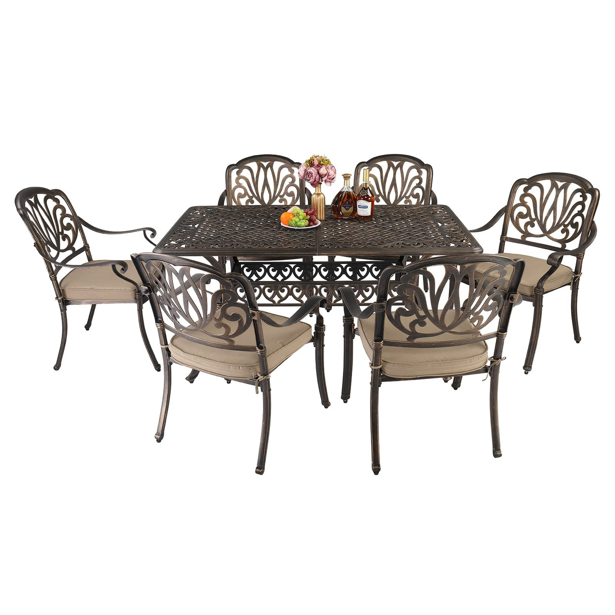 VINGLI 7 Pieces Outdoor Dining Set, Cast Aluminium All-Weather Patio Dining Set for 6 with Umbrella Hole, Outdoor Dining Table and Chairs with Cushions for Outside, Garden, Yard and Poolside VINGLI
