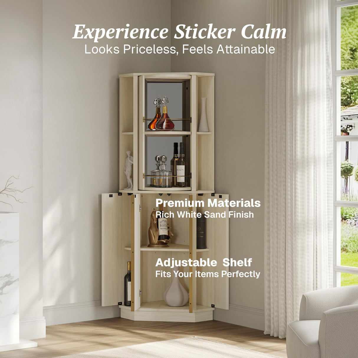 BELLEZE 68" Tall Farmhouse Wine Cabinet with Rotating Wine Rack, Corner Bar Cabinet, Modern Home Bar Liquor Storage Cabinet for Dining Room, Living Room & Kitchen - White Sand BELLEZE