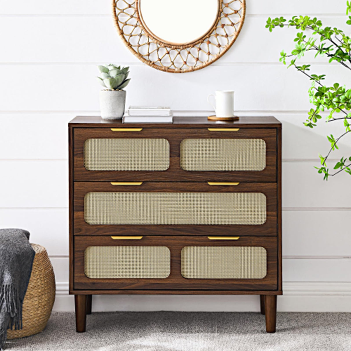 SPOFLYINN 3 Rattan Drawer Dresser with 3 Wide Drawers, Metal Handles Modern Rattan Dresser Cabinet for Bedroom, Living Room, Hallway, Entrance Farmhouse Storage Drawer Chest Walnut As Shown SPOFLYINN
