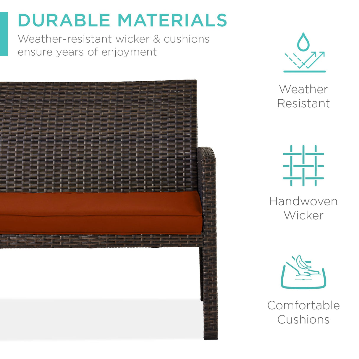 Best Choice Products 4-Piece Outdoor Wicker Patio Conversation Furniture Set for Backyard w/Coffee Table, Seat Cushions - Brown/Dark Rust Best Choice Products
