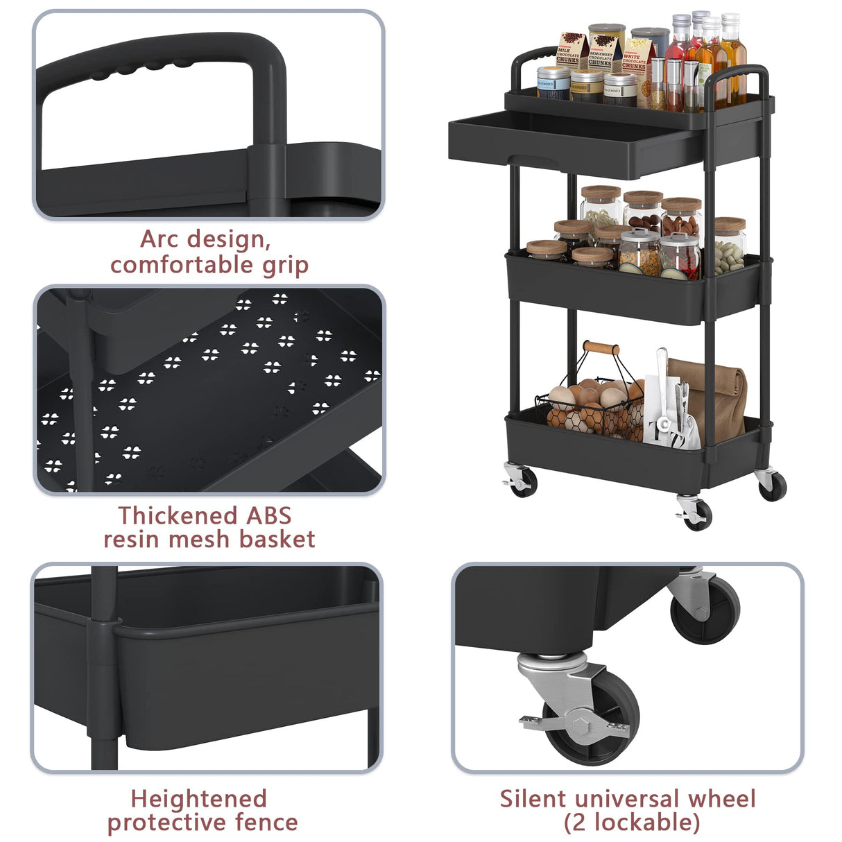 Dttwacoyh 3-Tier Rolling Cart,Trolley with Drawer, Multifunctional Storage Organizer with Plastic Shelf & Metal Wheels, Kitchen Storage Cart for Living Room, Kitchen, Office, Bathroom, Black Dttwacoyh