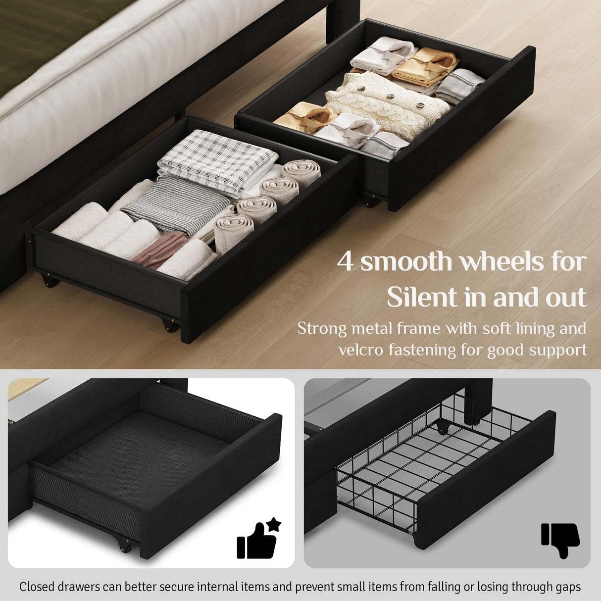 Belffin Full Size Bed Frame with 2 Storage Drawers, Upholstered Bed Frame with Adjustable Diamond Headboard, Velvet Modern Platform Bed Frame, No Box Spring Needed, Easy to Assemble, Black Belffin