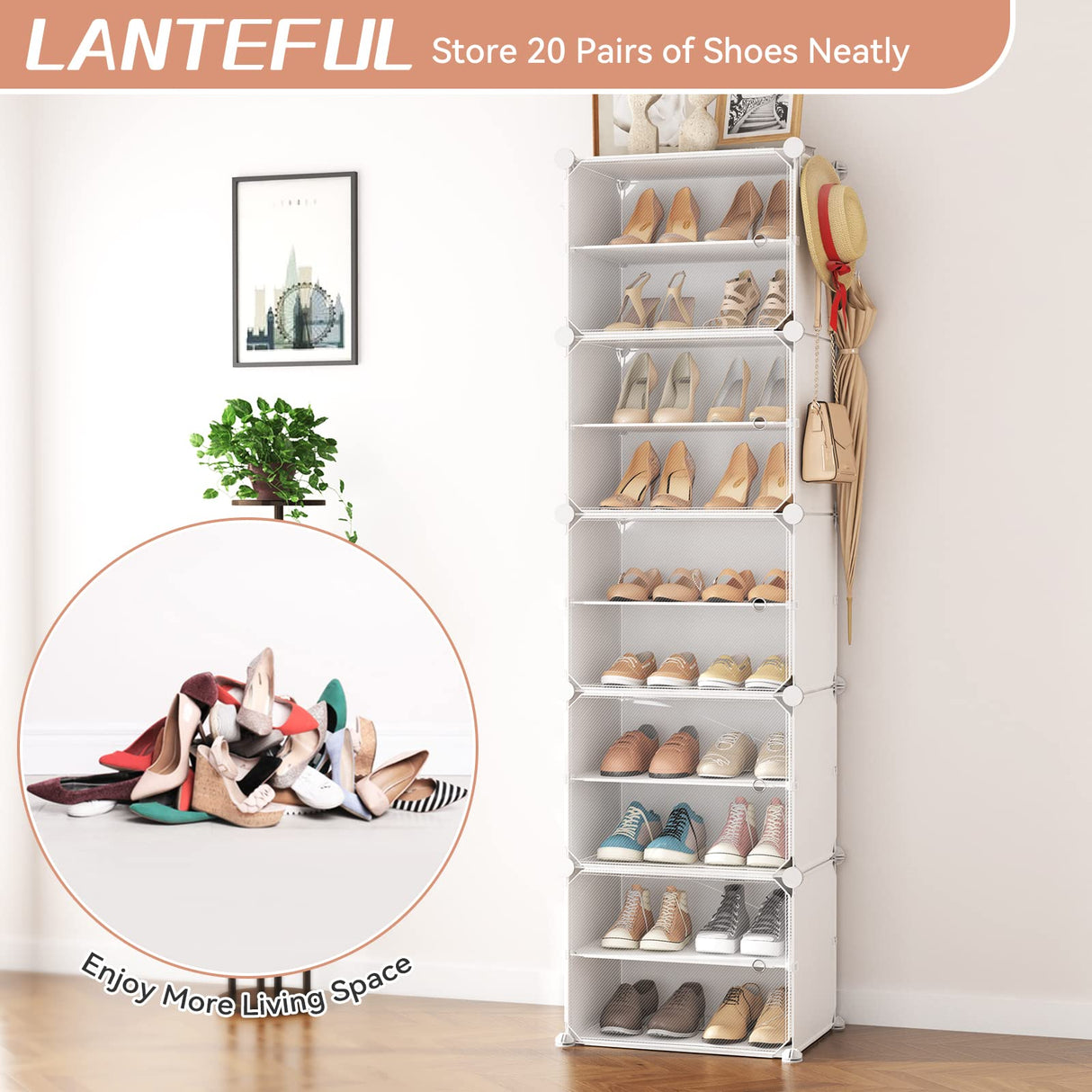 LANTEFUL 10 Tiers Tall Shoe Rack 20 Pair Shoe Organizer Narrow Shoe Rack with Door Portable Shoe Storage Cabinet with Hooks Sturdy Plastic White Shoe Shelf for Entryway and Bedroom LANTEFUL