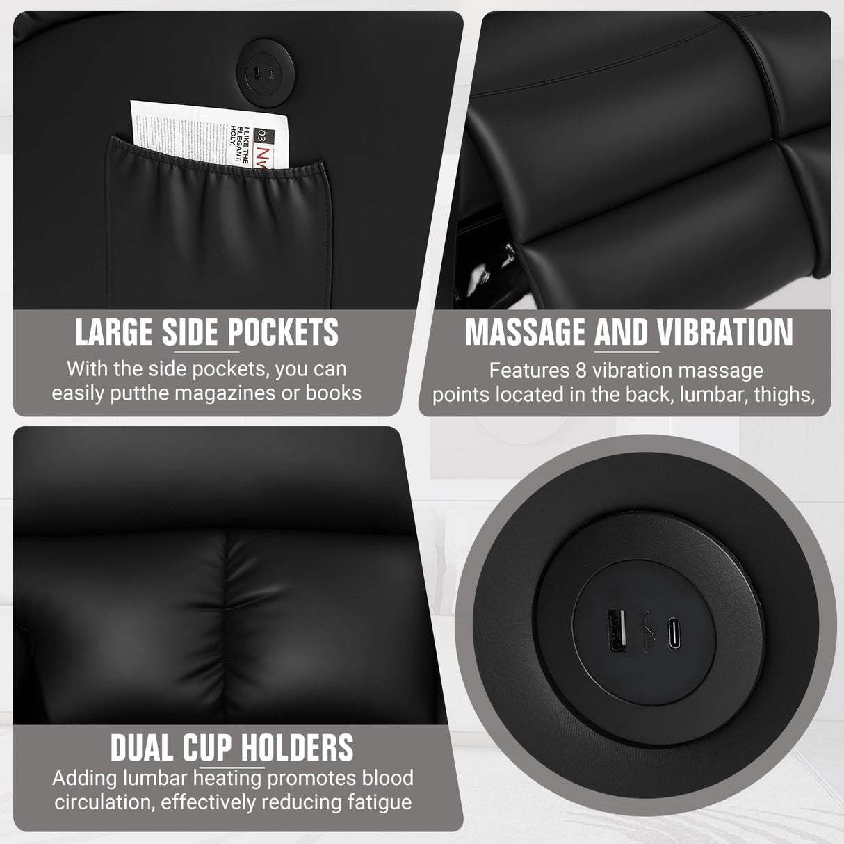 CHABATREE Home Theater Seating,RV Recliner Sofa with Massage and Heat,Manual RV Recliner Loveseat with USB/Cup Holders and Side Pocket for Living Room,2 Seater Black CHABATREE