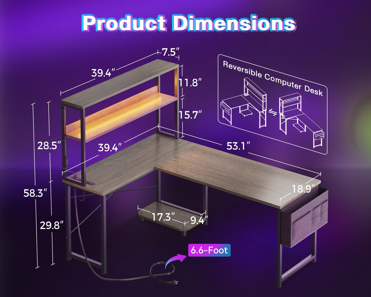AODK L Shaped Desk Gaming Desk with LED Light & Power Outlet, 53 Inch Reversible L Shaped Computer Desk with Shelf, Corner Desk with Storage Bag&Hook for Home Office Desk, Grey Oak AODK