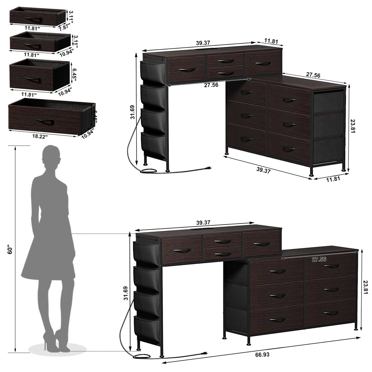REAHOME Dresser for Bedroom with Charging Station and LED Light, 67" Rotatable Vanity Desk with LED Light and Side Pockets, Makeup Table with 10 Fabric Drawers, Modern Home Office Desks, Brown REAHOME