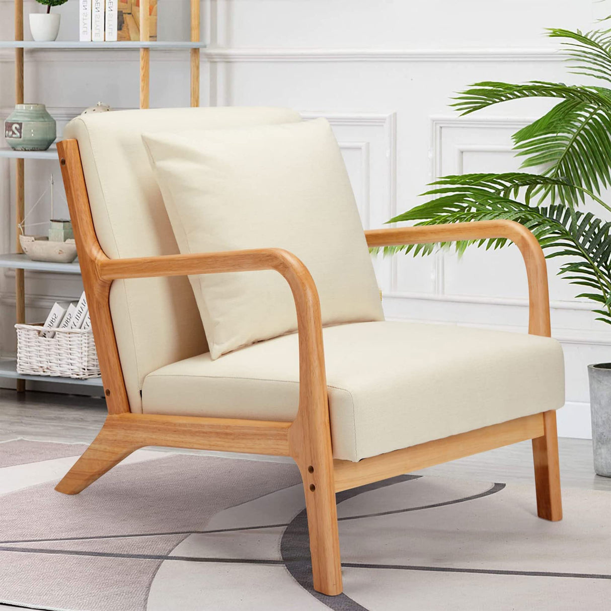 JOMEED Oak Wood Frame Mid Century Modern Accent Leisure Chair for Modern and Retro Decor Style Living Room with Soft Linen Upholstery, Beige JOMEED