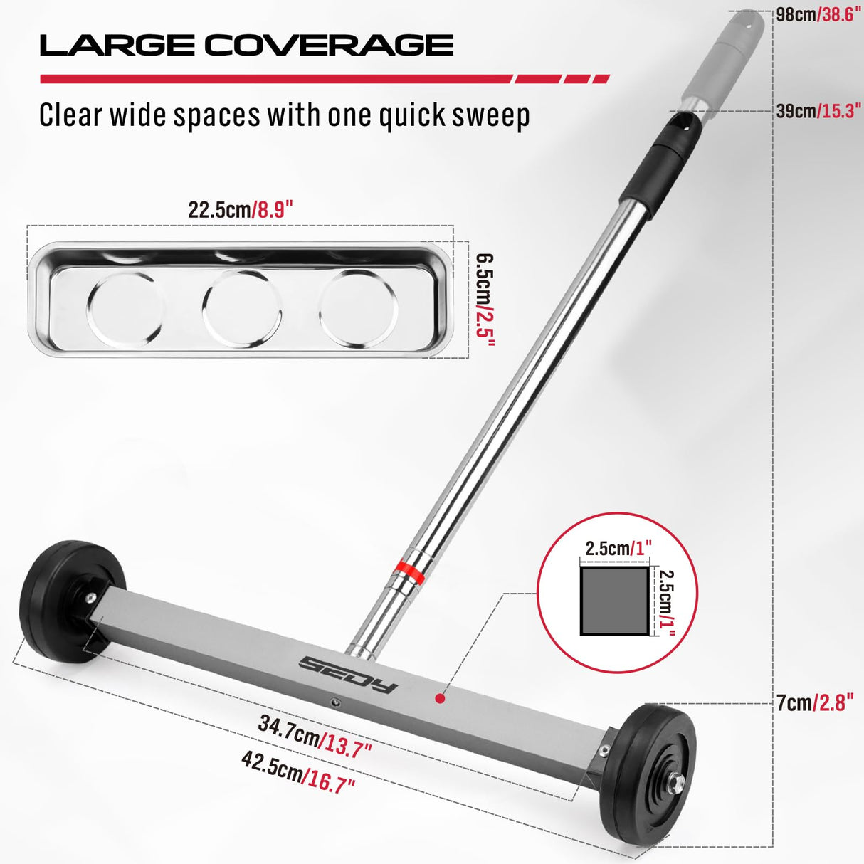 Magnet Sweeper Magnetic Nail Roller: 17-Inch Heavy Duty Magnet Nail Pickup Rolling Tool with Telescoping Adjustable Handle 8.8-Pound Capacity Ideal for Workshop Garage Yard Construction Cleanup SEDY