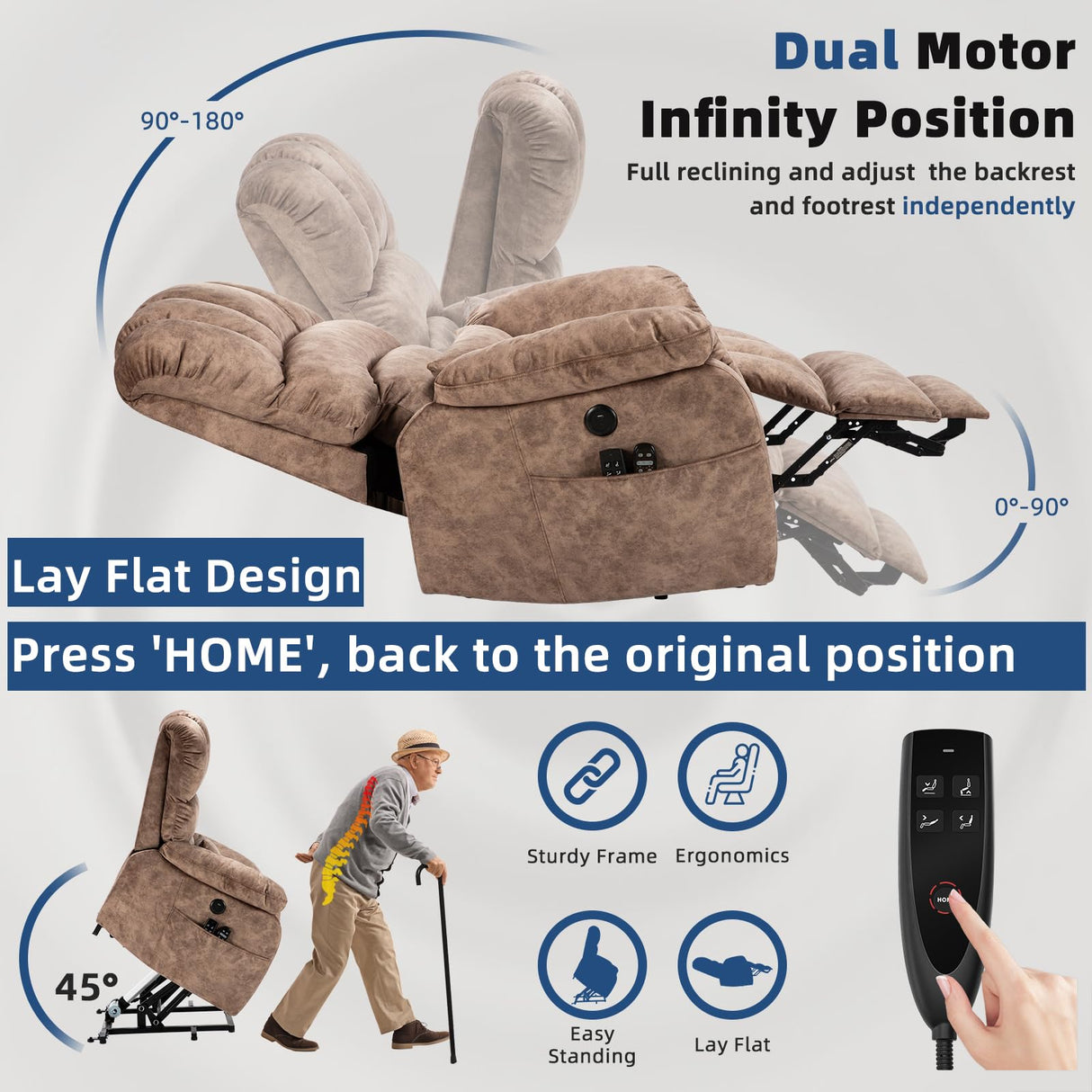 SOCIALCOMFY Large Tall Man Power Lift Recliner Chair with Massage & Heat, Dual Motor Lay Flat Electric Lift Sleeper Recliner w/Extended Footrest, Lumbar Pillow, USB & Type-C Ports, Pocket,Plush Brown SOCIALCOMFY