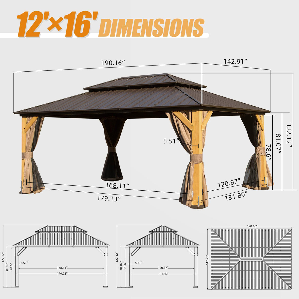 Domi 12x16FT Cedar Wood Gazebo, Solid Wood Hardtop Gazebo with Galvanized Steel Double Roof, Netting & Curtains, Outdoor Gazebo for Patio, Backyard, Deck, Lawns domi outdoor living