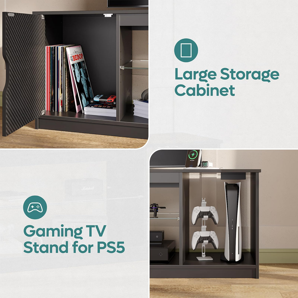 Bestier LED TV Stand with Power Outlets for 55/60/65 Inch TV, Gaming Entertainment Center with Cabinet for PS5, Modern TV Cabinet with Adjustable Glass Shelves for Living Room, Bedroom 58 Inch,Black Bestier