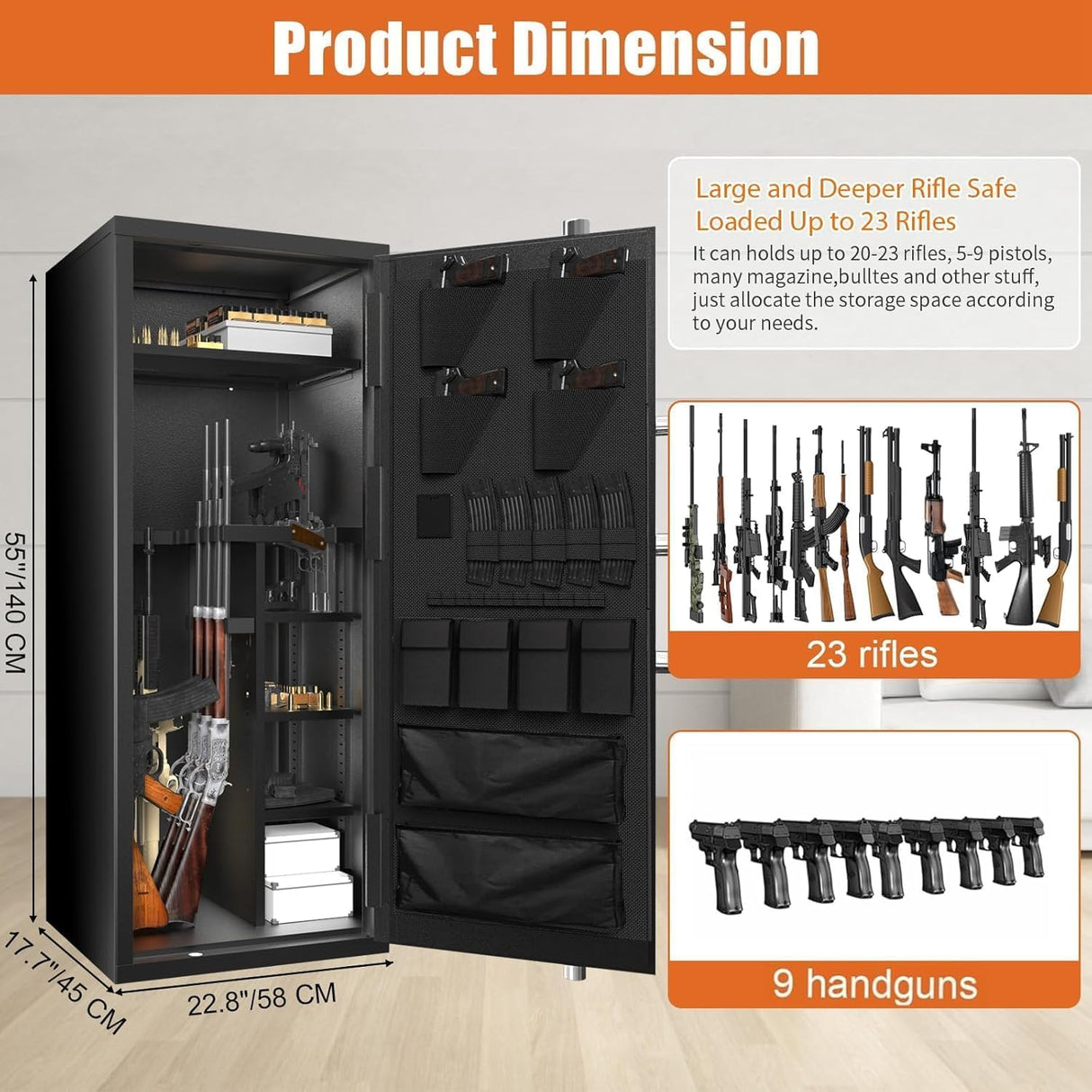 30 Gun Safe, Large Rifle Safe for Rifle and Shotgun/Rifle Pistol Rack/Storage Pocket/Removable Shelf/Silent Mode/External Battery/LED/Key,180° Open Door Panel Organizer Gun Cabinet Safe Unassembled TTSITG