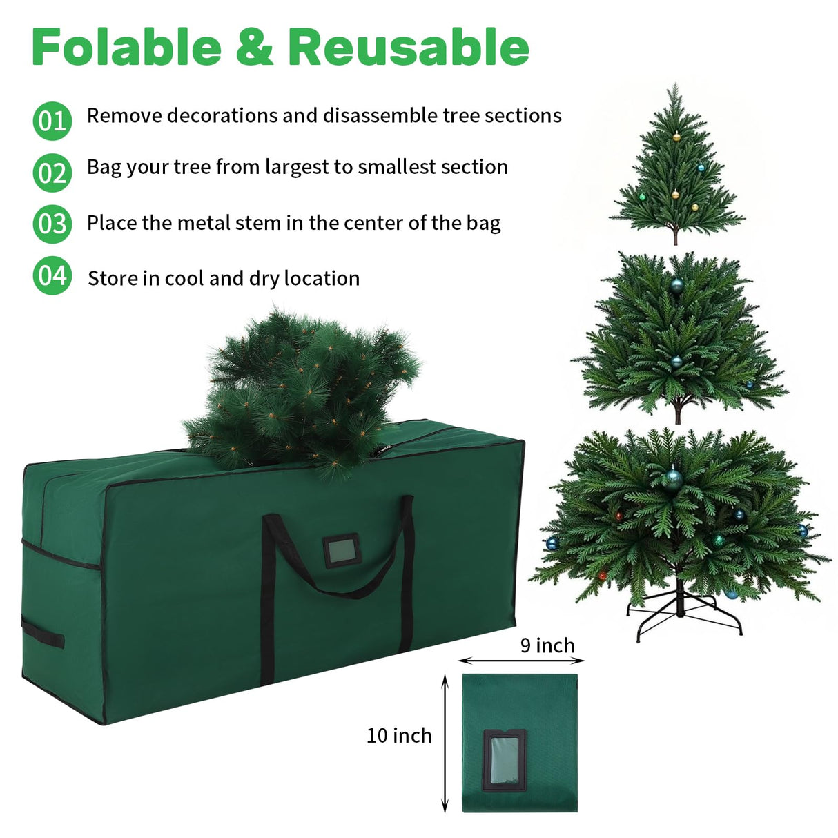 combocube Large Christmas Tree Storage Bag 7.5 ft, 600D Oxford Fabric Heavy Duty Christmas Tree Container, Waterproof Xmas Artificial Tree Storage Box with Reinforced Handles and Dual Zippers, Green combocube