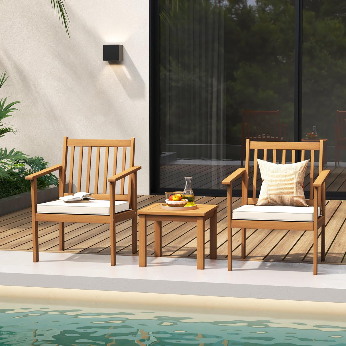Tangkula 3 Pieces Patio Wood Furniture Set, Acacia Wood Chairs and Coffee Table Set with Soft Cushions, Slatted Design, Outdoor Furniture Set for Porch, Yard, Balcony (White) Tangkula