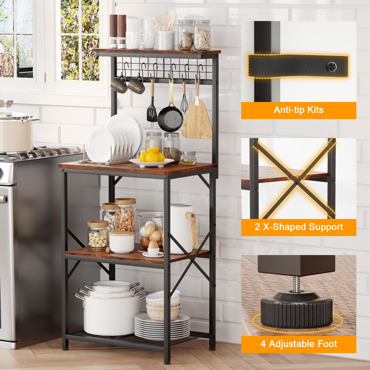 Furologee Rustic Brown Kitchen Bakers Rack with Hutch & 4-Tier Storage Furologee