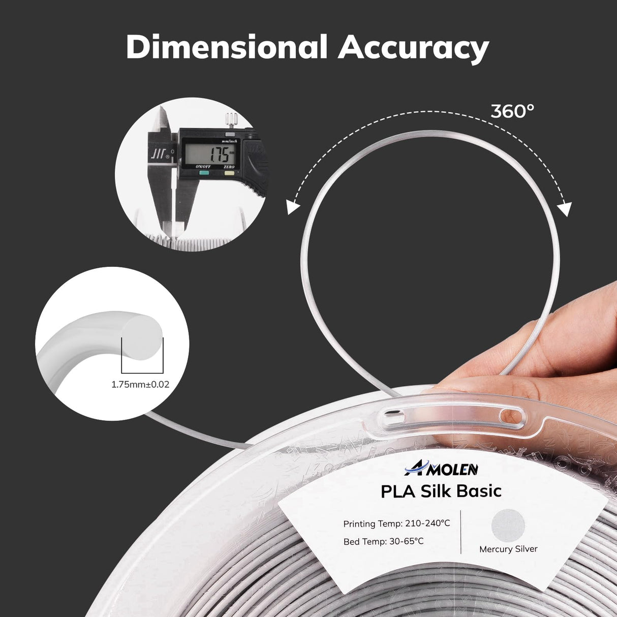 AMOLEN Silk PLA Filament Mercury Silver, 3D Printer Filament 1.75mm for 3D Printing 1kg(2.2lbs) Spool Compatible with Most FDM Printer AMOLEN