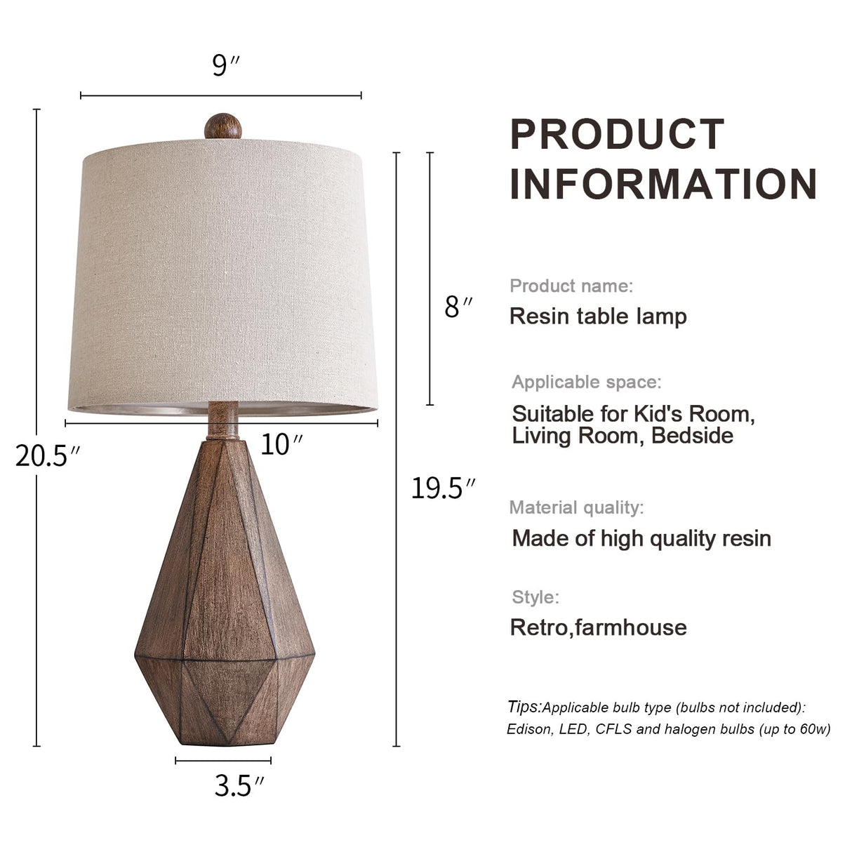 PoKat 20.25" Retro Farmhouse Table Lamp Set of 2 for Living Room Bedroom Rustic Linen Bedside Nightstand Lamps for Kids Room Study Room Office Table Lamps Resin PoKat