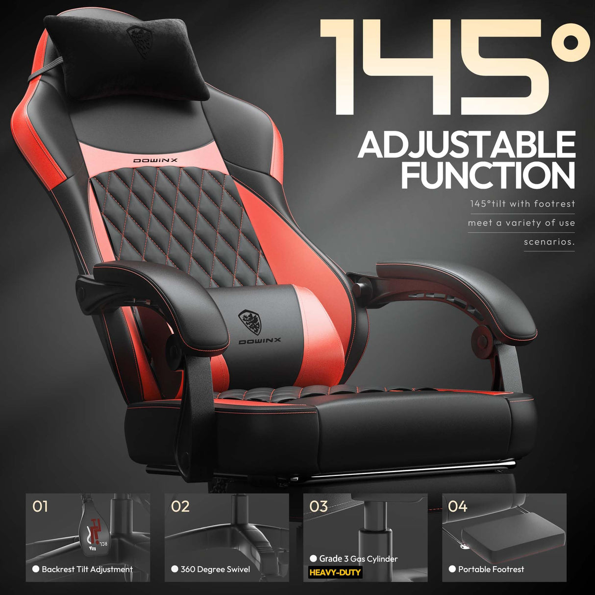 Dowinx Gaming Chair with Pocket Spring Cushion, Ergonomic Computer Chair with Massage Lumbar and Footrest for Adults, High Back Game Chair Leather for Office Gaming 300LBS, Red New Dowinx