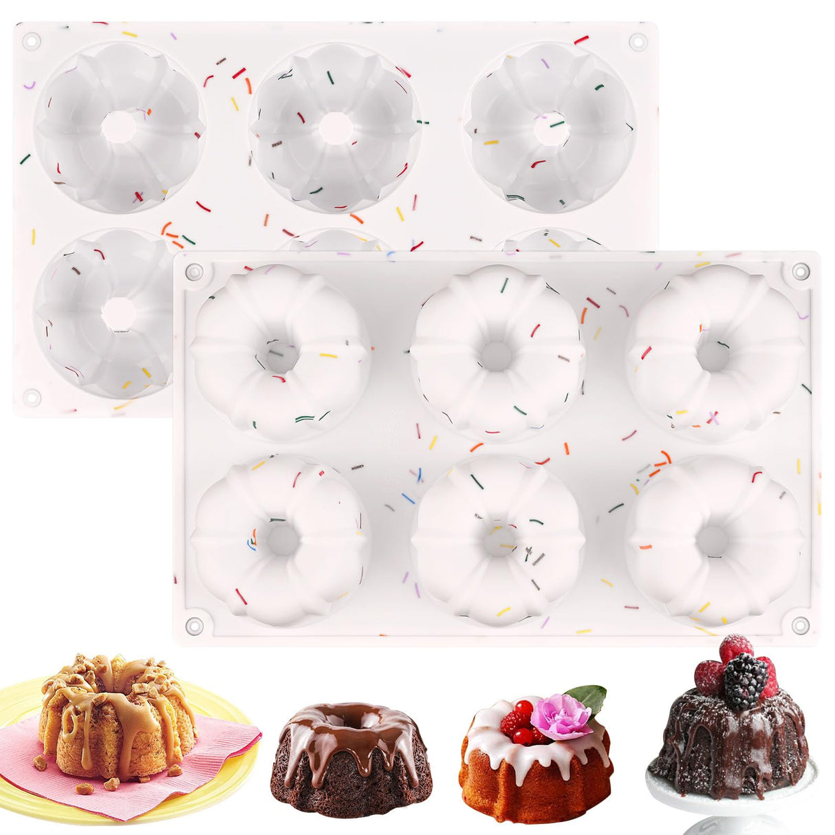 HUAKENER 2 Pcs Mini Bundt Cake Pan, 6-Cavity Fluted Tube Cake Pan, Non-stick Silicone Baking Mold for Cupcakes, Donuts, Muffins, Cornbread, Brownies, Jellies HUAKENER