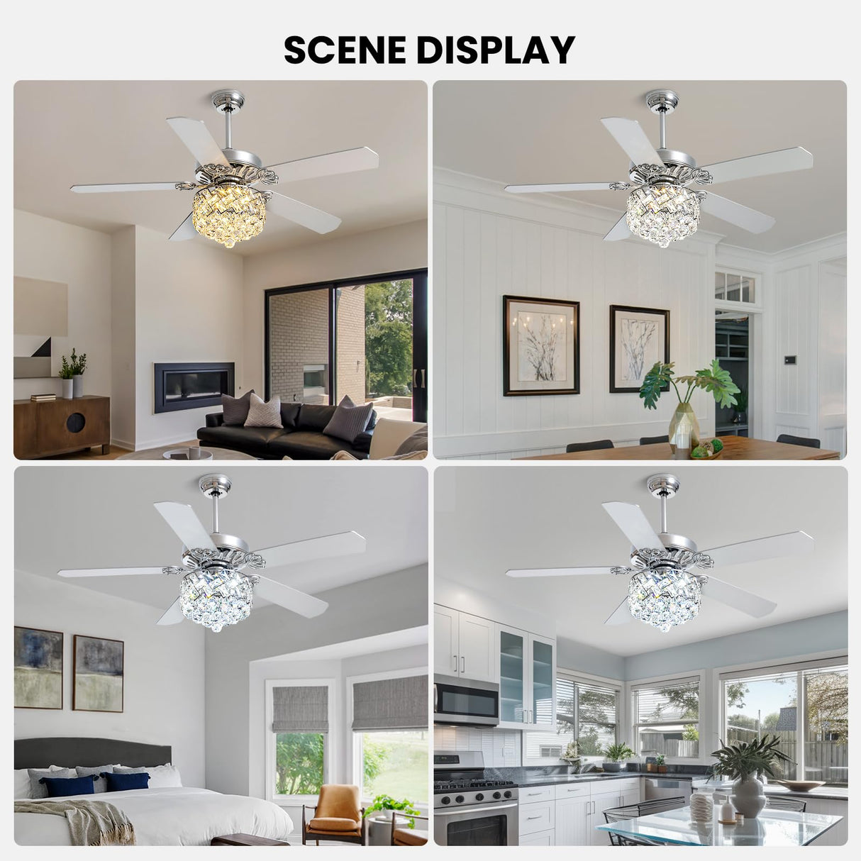 CROSSIO 52" Crystal Ceiling Fan with Light Dimmable LED Chandelier Ceiling Fan Modern Reversible Ceiling Fan Light Fixture with Remote for Bedroom Dining Room Living Room Chrome CROSSIO