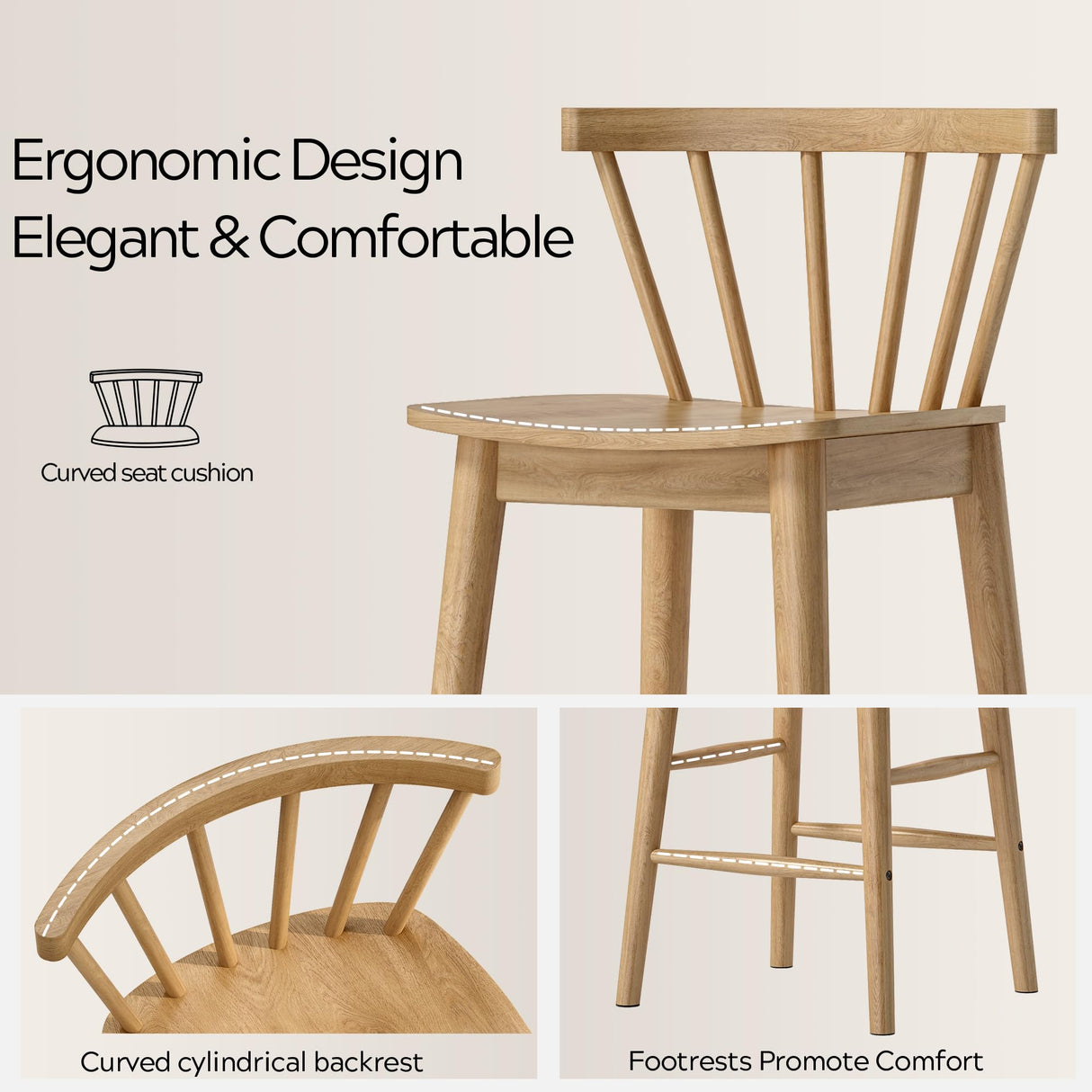 EYYTHUNG Wood Bar Stools Set of 2, 24" Barstool Farmhouse Counter Stools with Curved Back Counter Chairs for Kitchen Islands Dining Room, Natural Oak EYYTHUNG