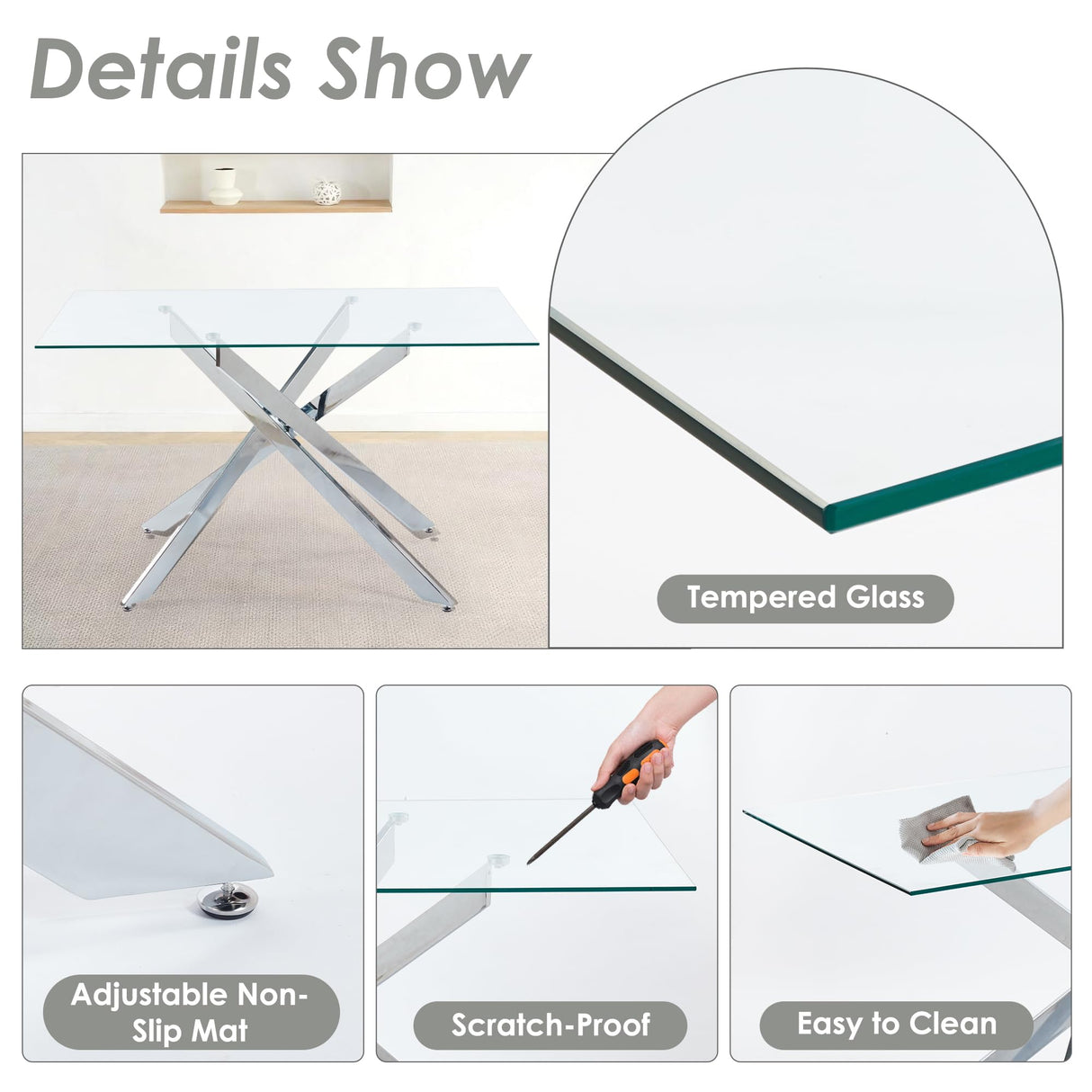 KATBOC 7-Piece Dining Table Set for 6, Modern Rectangular Glass Table with 6 Upholstered Leather Chairs, Space-Saving Dining Room Furniture Table & Chair Sets for Small Spaces&Apartment(Black&Silver) KATBOC