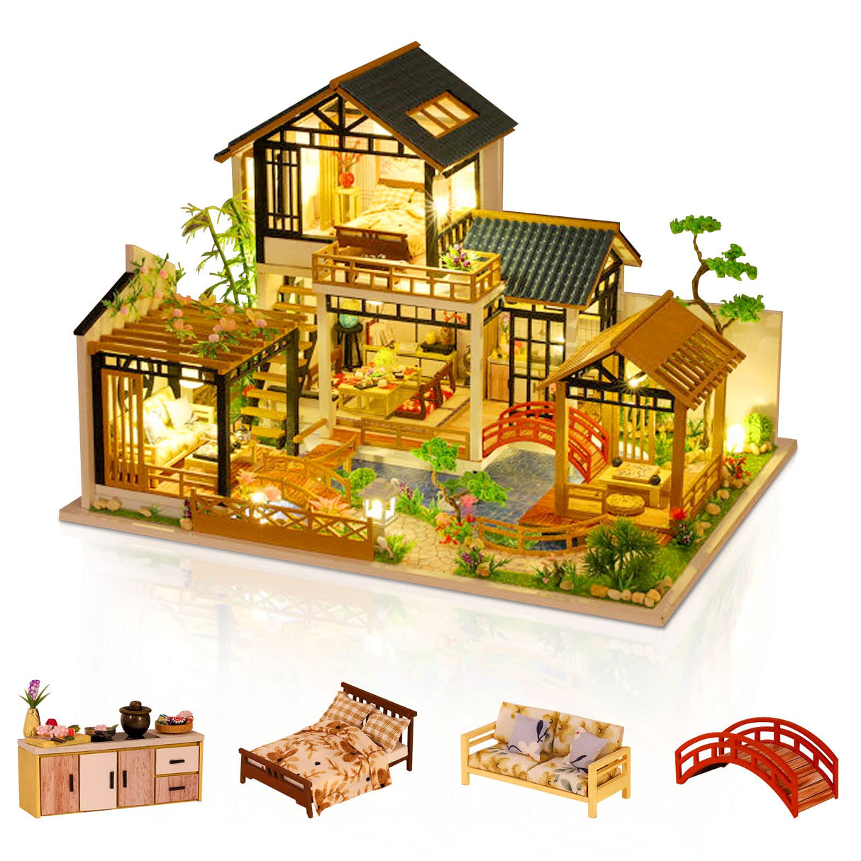 GuDoQi DIY Miniature Dollhouse Kit, Tiny House kit with Furniture, Miniature House Kit 1:24 Scale, Great Handmade Crafts Gift for Birthday Christmas Day, Villa with Courtyard GuDoQi