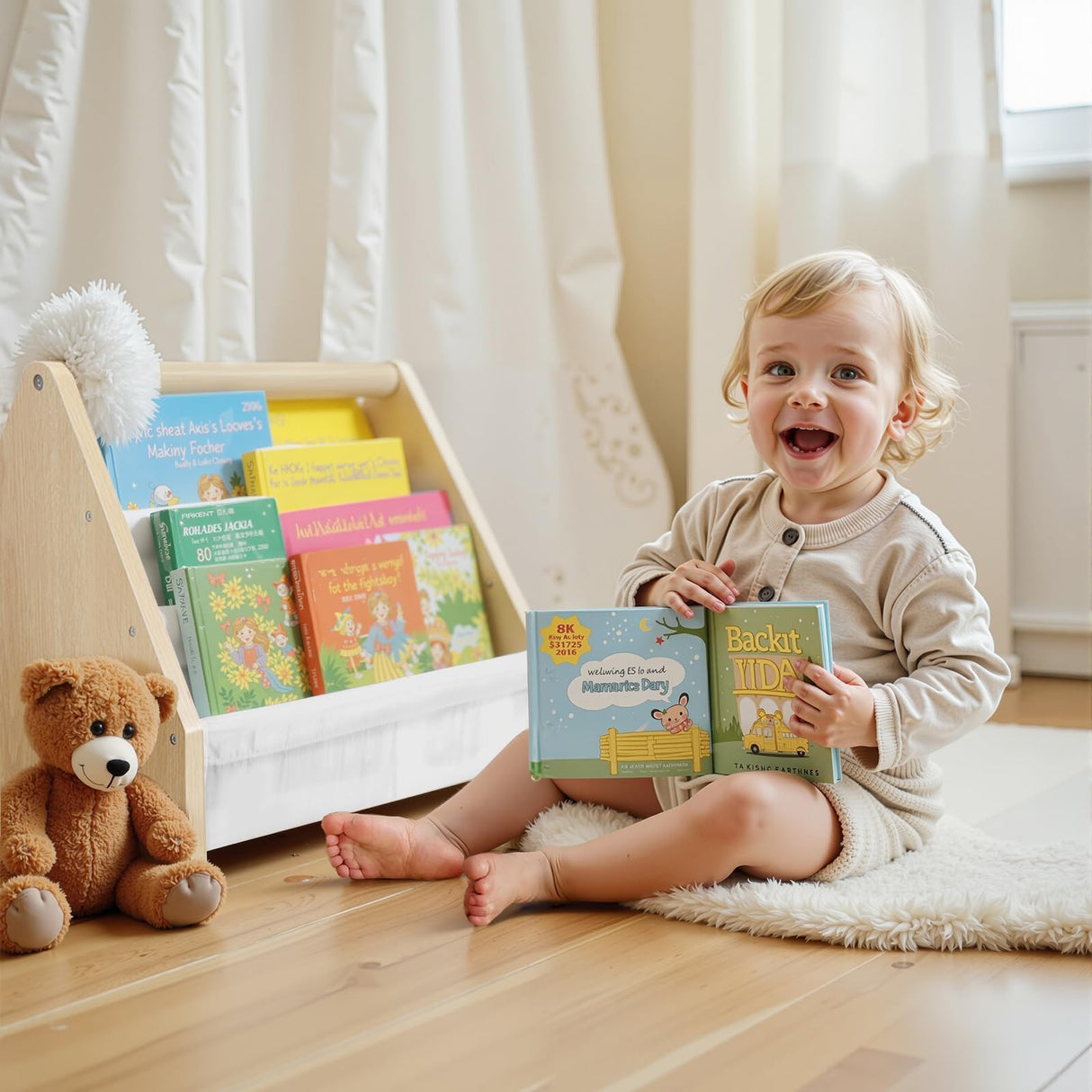 Epelay 19" Toddler Bookshelf, 6-Tier Double-Sided Kids Bookshelf, Montessori Bookcase for Toddlers with Deep Fabric Pockets, Natural Wooden Toy Storage Organizer for Nursery or Playroom Epelay