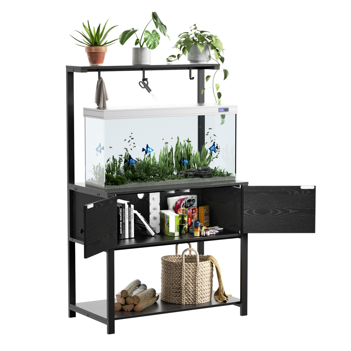 Fienveorn 40-50 Gallon Fish Tank Stand with LED Light Power Outlets,Heavy Duty Metal Aquarium Stand with Storage Shelf and Moveable Hooks,Turtle Reptile Terrariums Stand,Black Halitaa