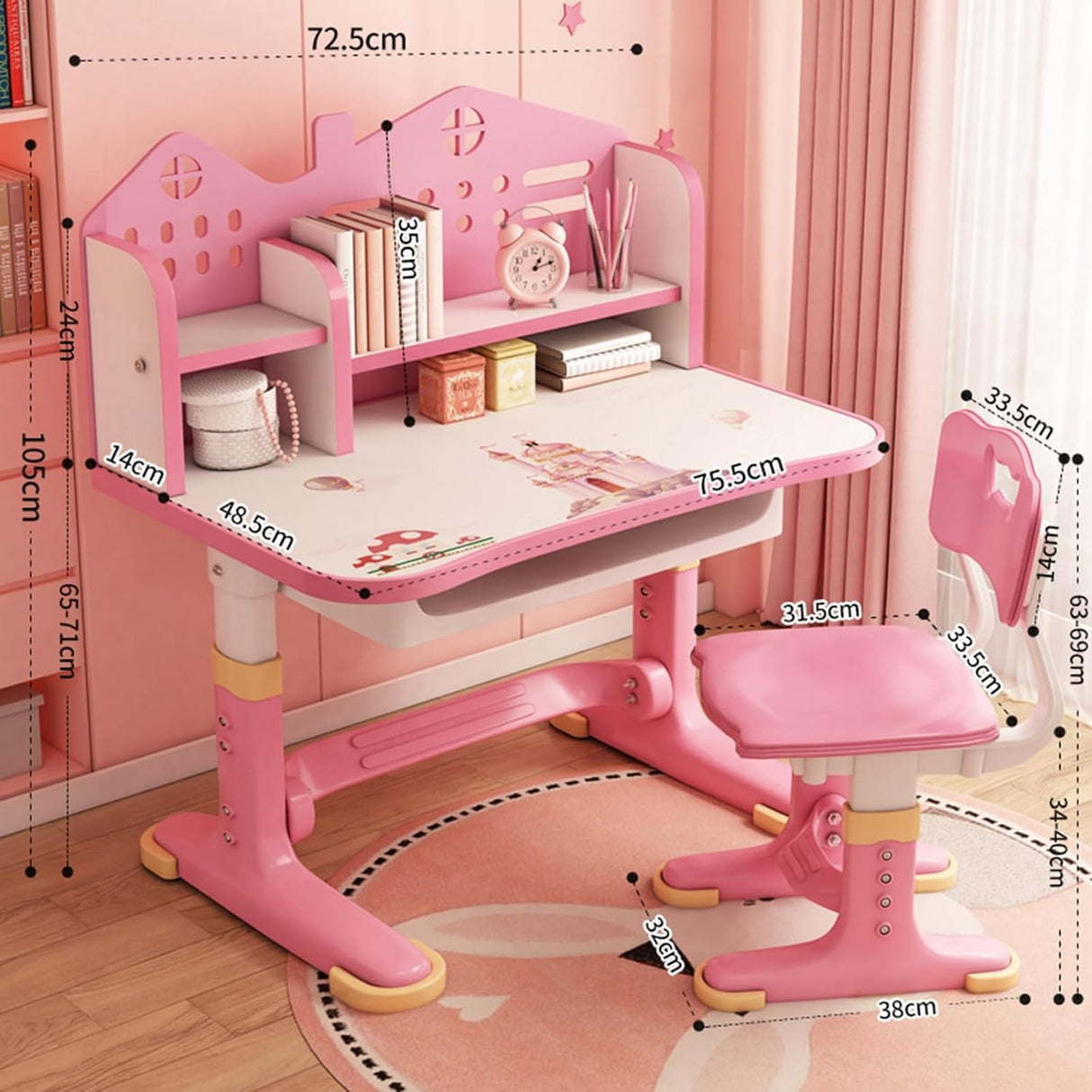 LEAQU Kids Desk and Chair Set, Study Table and Chair, Desk for Kids, Children's Desks with Golden Distance Design, Homeschooling Writing Desk with Desktop for Boys and Girls (Pink 4) LEAQU