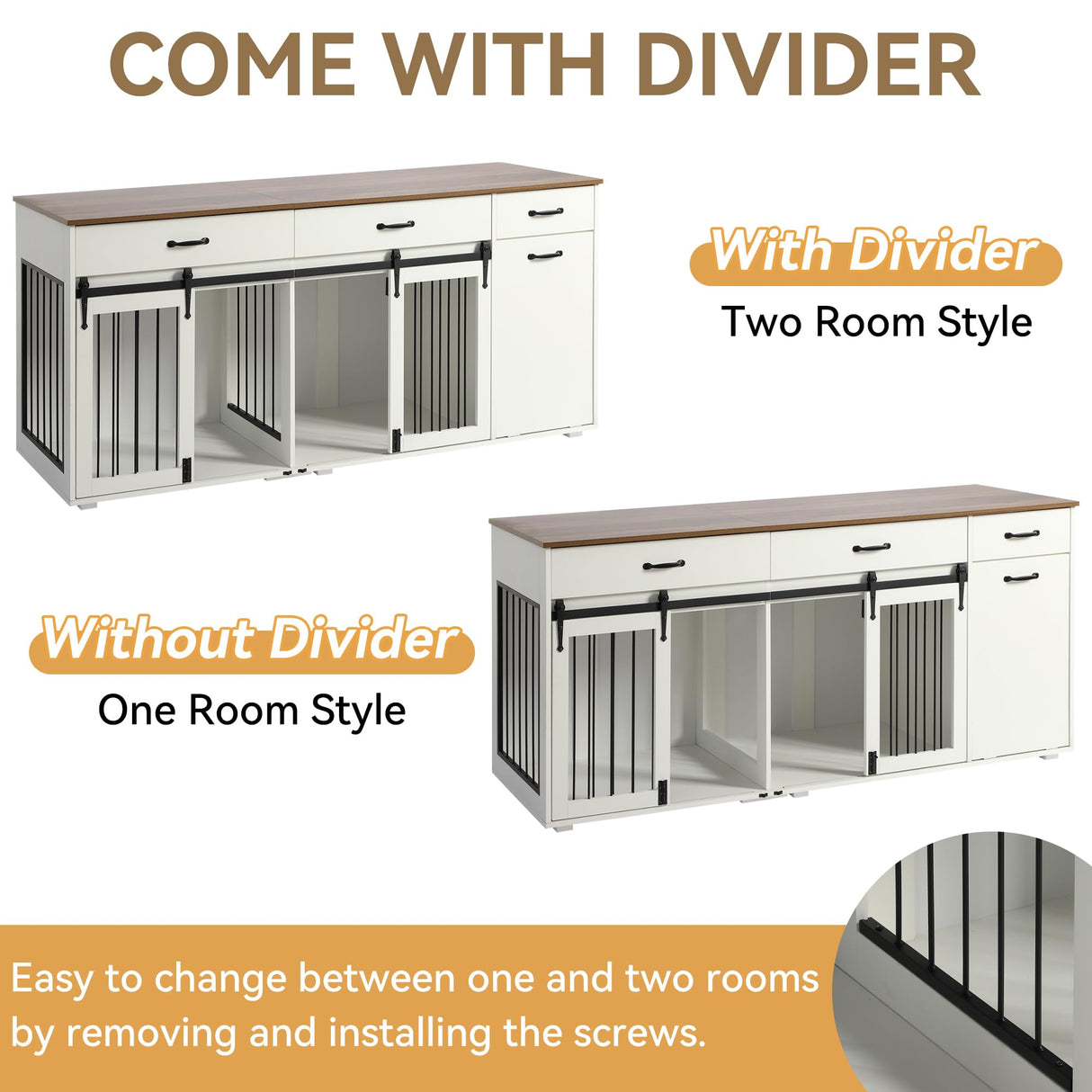 71" Furniture Dog Crate for 2 Dogs, Double Dog Furniture Crate, Furniture Dog Cage Indoor for Large Medium Small Dogs, Wood Dog Kennel with Tilt Out Cabinet, Drawers, Divider and Sliding Door, White LOUVIXA