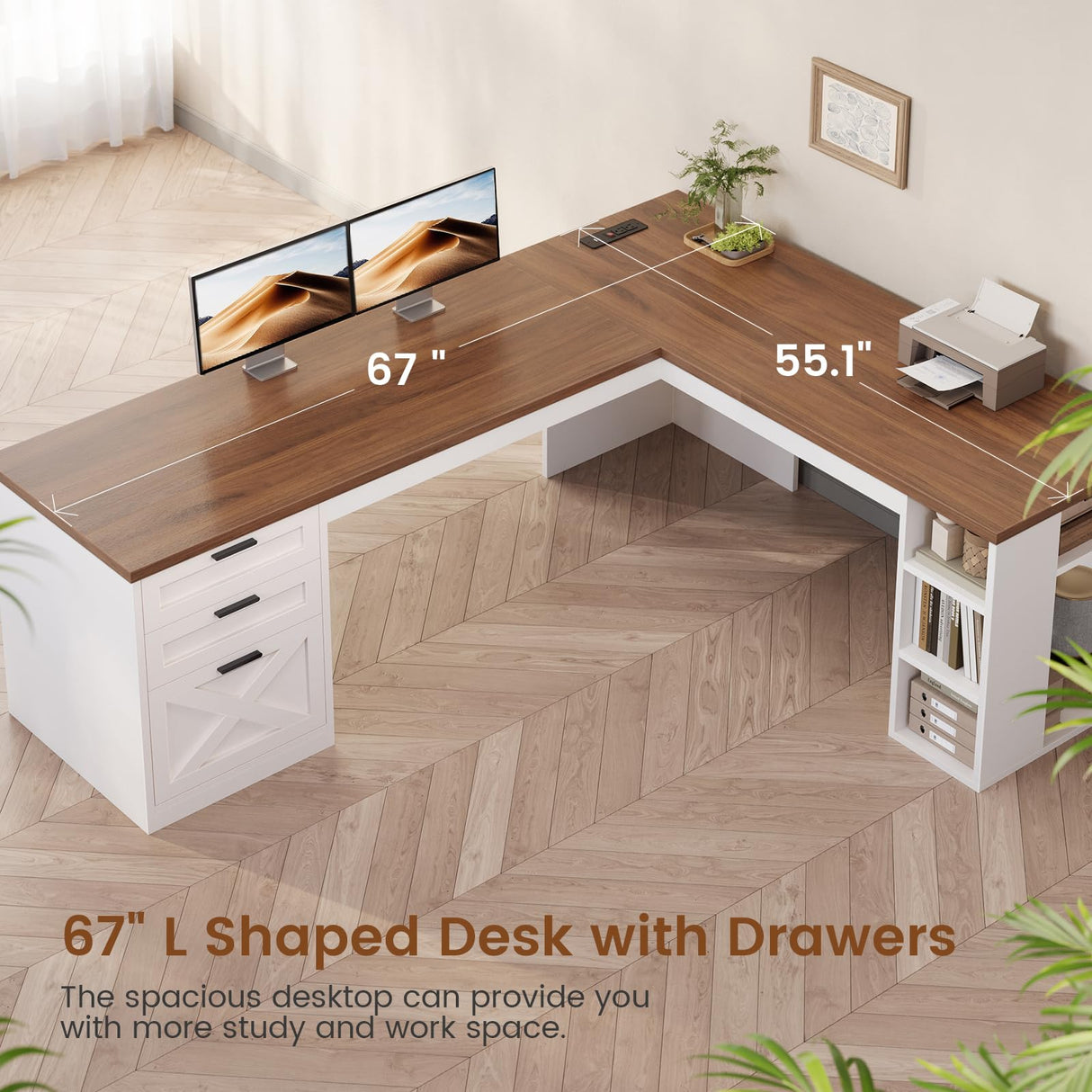 SEDETA Farmhouse 67" L Shaped Desk with 3 Drawers, White Corner Computer Desk with Storage Shelves, Home Office Desks with Power Outlets,Executive Desk for Home Office, White and Brown SEDETA