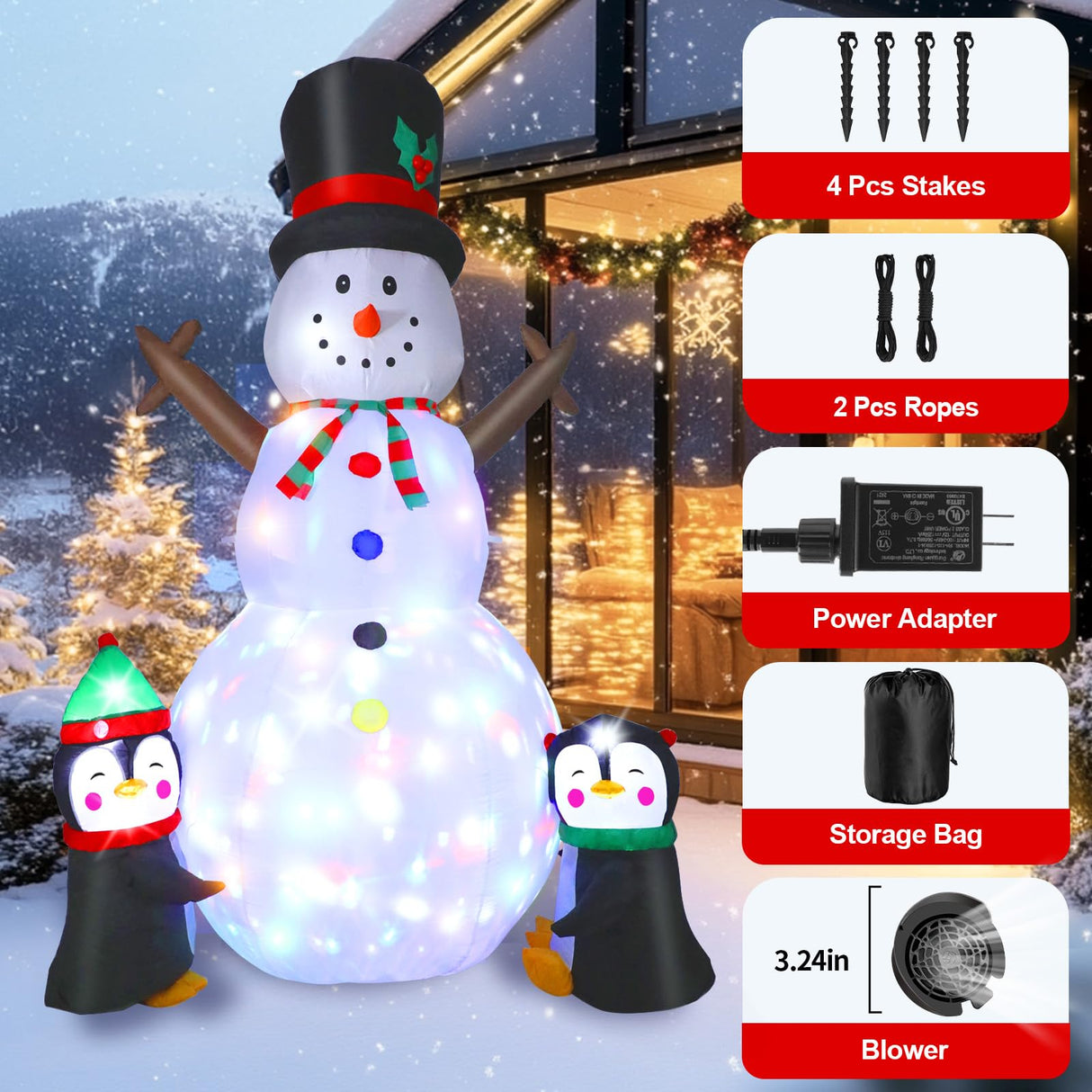 Dawdix 8FT Christmas Decs Inflatable Snowman, Christmas Blow Up Yard Decs Snowman with Penguins, Built-in Colorful Rotating LED Lights, for Holiday Xmas Party Garden, for Him, Her Dawdix