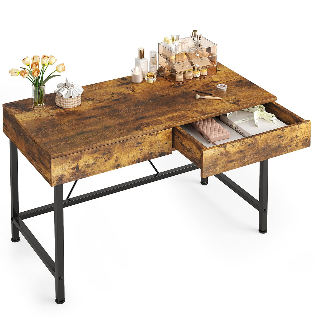 VERMESS 40Inch Solid Wood Desk with Drawers,Home Office Desk for Small Space,Modern Makeup Vanity Desk,Writing/Study/Work Table, Kids Desk for Bedroom (Wood, Rustic Brown) VERMESS