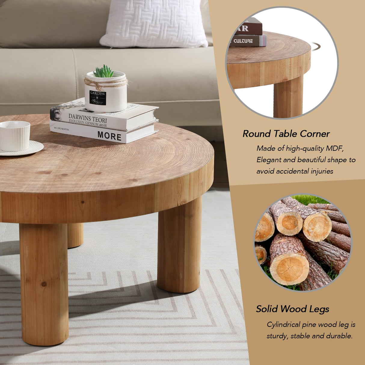 RUSTOWN 2-Piece Round Farmhouse Coffee Table, Rustic Coffee Table and End Table Sets, Circle Wooden Ring Finish with Solid Wood Legs, Center Table Set for Living Room (Natural) RUSTOWN