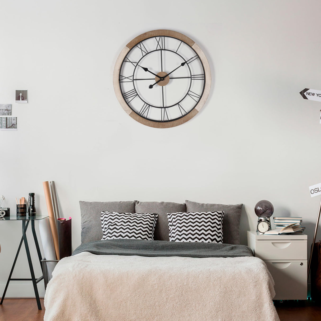 Wall Clock for Living Room Decor, 24'' Big Wall Clock for Office, Rustic Wall Clock Battery Operated, Distressed White Roman Numeral Clock, Round, Wood Wall Clock Oakrain