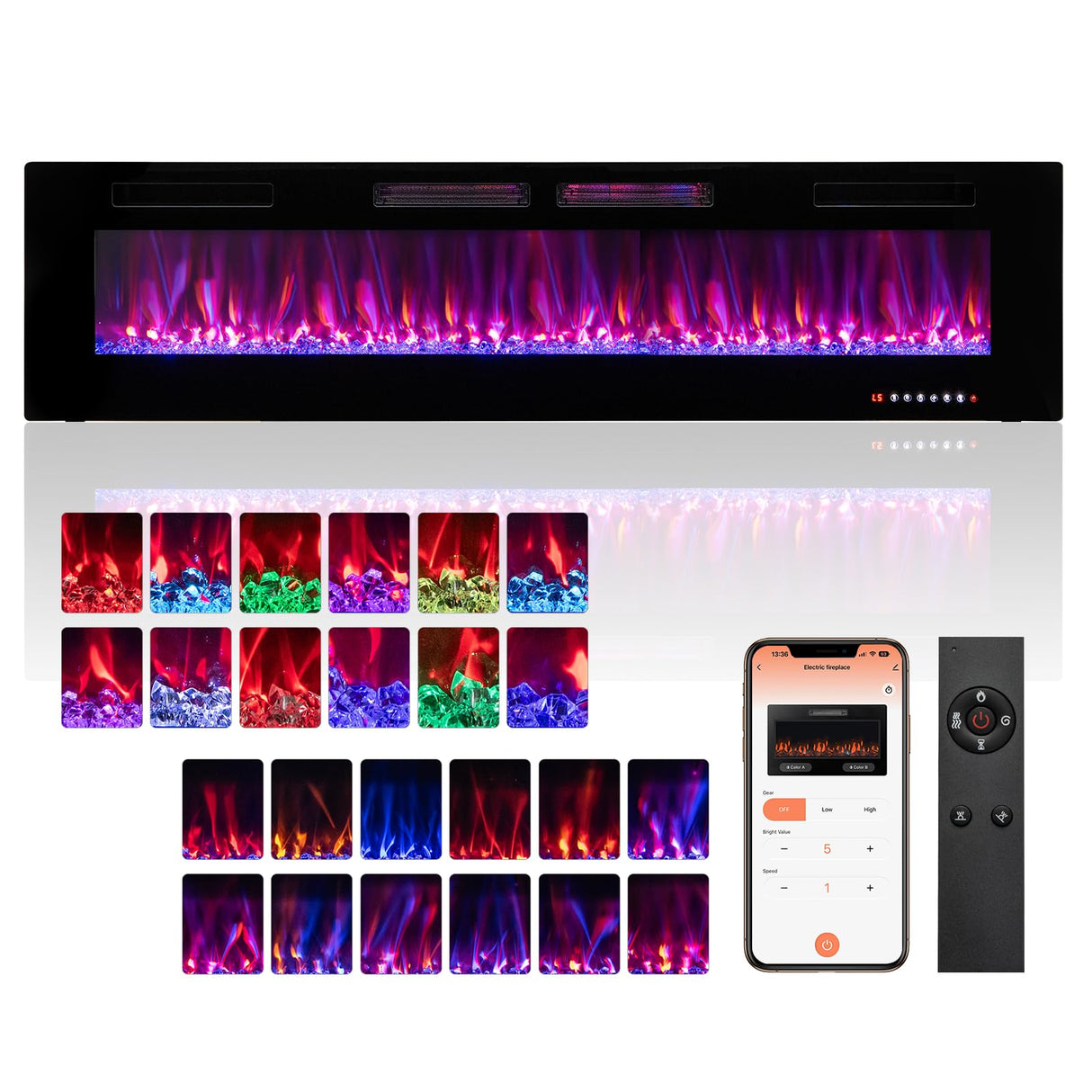 ORALNER 72” Smart WiFi Electric Fireplace, Ultra Thin Linear Recessed & Wall Mounted App Controlled Fireplace Heater with Adjustable Flame Color & Speed, Remote, 12 H Timer (72 INCHES) ORALNER