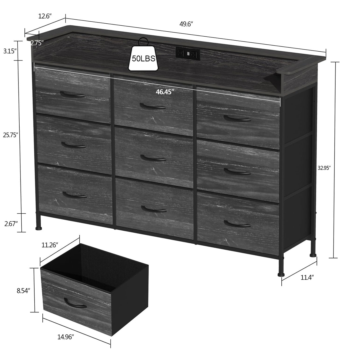 EXOTICA Black Dresser with Charging Station 9 Drawers Dresser with LED Light and USB Ports Fabric Dresser for Bedroom Hallway Entryway Closets Sturdy Steel Frame Wood Top EXOTICA
